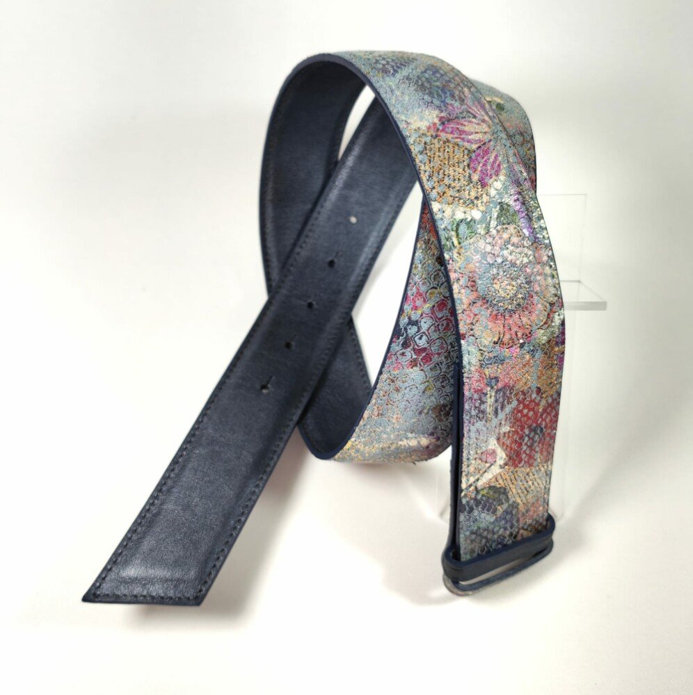 Ceinture reversible femme Motif "fleur tropicale" jean / Gris irisé